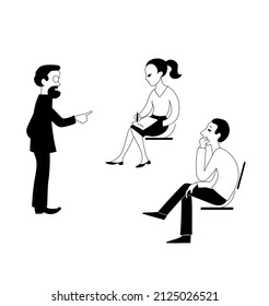 El profesor explica el tema a hombres y mujeres sentados. Imagen de contorno en blanco y negro dibujada por vectores.