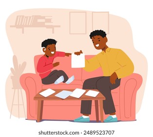 Teacher Or Father Assisting A Special Needs Student With Homework At Home. Cheerful Interaction Highlights A Supportive And Inclusive Learning Environment. The Cozy Setting Emphasizes Warmth And Care