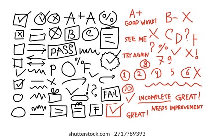 Colección del doodle del Comentarios del profesor con las marcas de la calificación y los símbolos de la comprobación