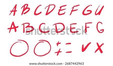 Teacher feedback notebook, handwritten comments and letter grading system A to F. Red ink marks, ticks, crosses, and corrections illustrate exam results and school assignments vector illustration