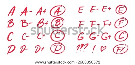 Teacher feedback notebook, handwritten comments and letter grading system A to F. Red ink marks, ticks, crosses, and corrections illustrate exam results and school assignments vector illustration