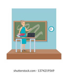 teacher female in desk with laptop and books classroom scene
