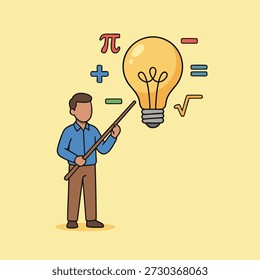 Eine Lehrerfigur zeigt auf eine leuchtende Glühbirne, die von mathematischen Symbolen umgeben ist und Bildung und Problemlösung darstellt.