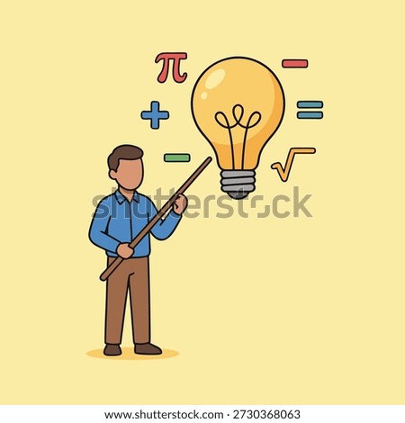 A teacher figure points to a glowing lightbulb surrounded by mathematical symbols, representing education and problem-solving.