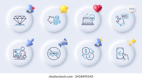 Teacher, Finance and Currency exchange line icons. Buttons with 3d bell, chat speech, cursor. Pack of Piggy bank, Diamond, Stop stress icon. Bid offer, Cyber attack pictogram. Vector