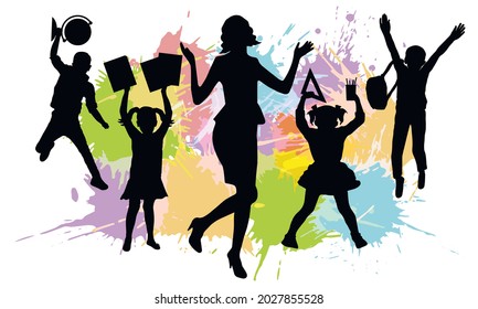 Teacher and first graders on background of color splash blot, silhouette of woman and school children. Vector illustration.