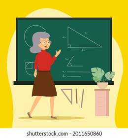Ilustración vectorial de color plano del profesor. Ilustración detallada. Día del Profesor. Aula, lo más alto, geometría, matemáticas. Educación.