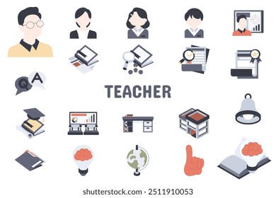 Teacher Flat Vector Illustration Icon Sticker Set Design Materials