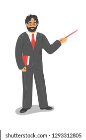 Teacher in formal suit with book holding pointer on white background. Hand drawn style vector illustration.