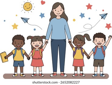 The teacher and four diverse children hold hands and smile at each other.