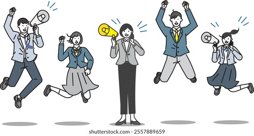 a teacher and four students showing joy by jumping and smiling -succeeded exam of school -vector illustration