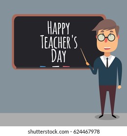 Teacher in front of the board with a pointer in his hand. Happy Teacher's Day