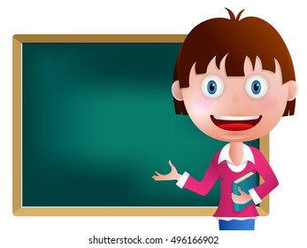 Teacher in front of chalkboard with copy space for your text
