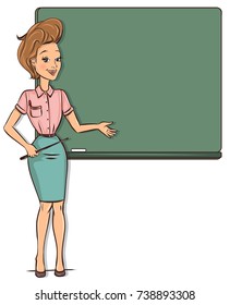 Teacher in front of chalkboard with copy space for your text