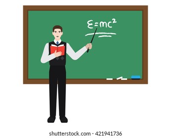 Teacher in front of chalkboard with text.