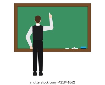 Teacher in front of chalkboard with text.