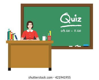 Teacher in front of chalkboard with text.
