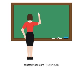 Teacher in front of chalkboard with text.