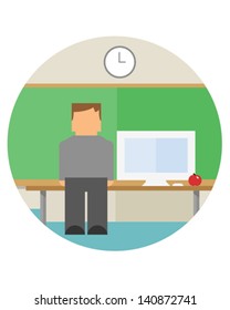 Teacher in Front of Classroom. Teacher standing in front the chalkboard and his desk in the classroom. His desk has a computer on it and an apple.