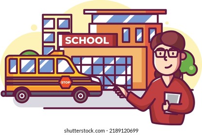 Teacher in front school with bus school