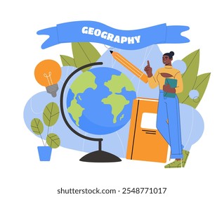 Teacher of geography. Woman near huge globe, pencil and book. Education and learning, training. Geography teacher lead lesson. Flat vector illustration isolated on white background