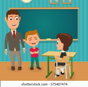 Teacher, girl and boy. Vector flat color illustration