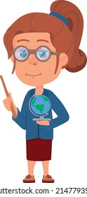 Teacher girl. Cute cartoon character with globe