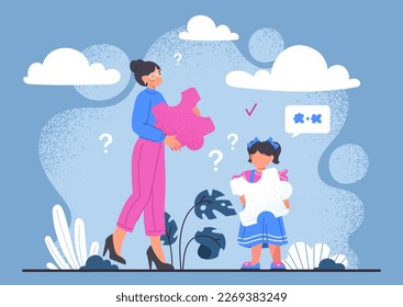 Teacher with girl. Woman in glasses with purple puzzle in hand. Lecture and lesson at school or kindergarten. Education and training, development of kids skills. Cartoon flat vector illustration