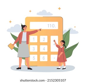 Teacher With Girl. Woman Shows Student Calculator. Mathematics And Work With Numbers. Algebra And Equation Solving, Homework And Education, Elementary School. Cartoon Flat Vector Illustration