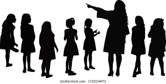 teacher and girls together, silhouette vector