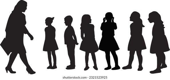 teacher and girls together, silhouette vector