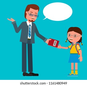 The teacher gives the child a book.