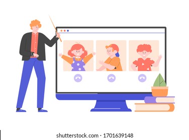 The teacher gives a distance lesson to children. Online education, classroom, video chat. Home schooling and new technologies. Vector flat illustration.