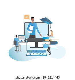 Teacher gives lecture, online lessons to students via video communication in computer,distance learning. Teaching students at home. Online training courses,webinars, on Internet. Getting an education.