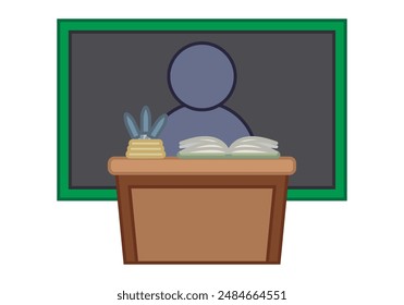 Teacher giving class in a classroom with a lectern, blackboard and books