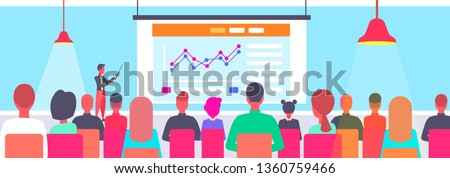 teacher giving financial presentation in lecture hall rear view students listening to speaker meeting presentation education concept auditorium conference hall interior horizontal vector illustration