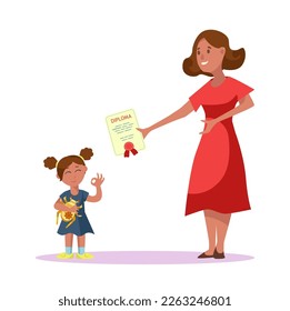 Teacher giving girl diploma for winning robotics competition. Cartoon drawing of child holding mechanical bug on white background. Success, engineering, robotics, education, achievement concept