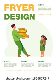 Teacher giving knowledge to student or pupil. Dad carrying heavy books to daughter. Flat vector illustration. Education, studying, learning concept for banner, website design or landing web page