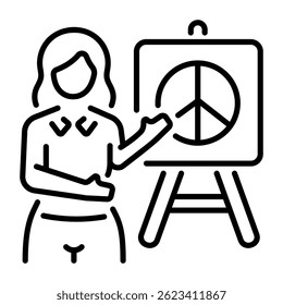 A teacher giving lecture about peace, line style icon 