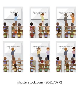 Teacher Giving A Lecture In A Classroom And Writing Math Formulas On The Whiteboard Set - Isolated On White Background - Vector Illustration, Graphic Design Editable For Your Design