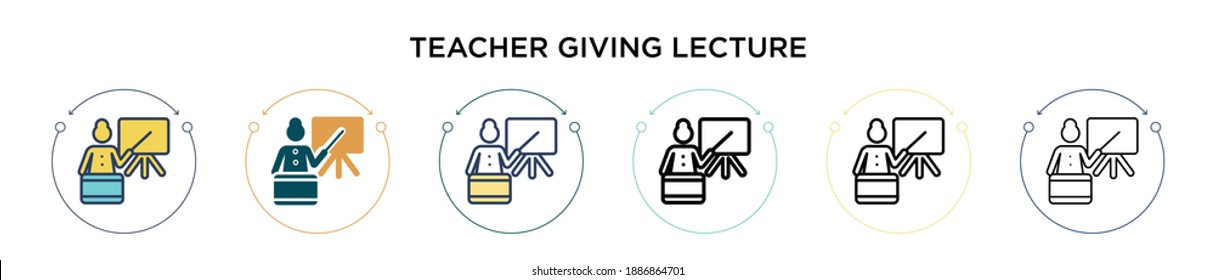 Teacher giving lecture icon in filled, thin line, outline and stroke style. Vector illustration of two colored and black teacher giving lecture vector icons designs can be used for mobile, ui, web