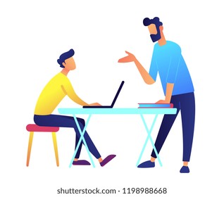 Teacher giving a lecture and student with laptop at desk vector illustration. Education, e-learning, and collaboration, seminar and lecture concept. Isolated on white background.