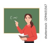 The teacher is giving a lesson in front of the blackboard. Flat vector illustration isolated on white background