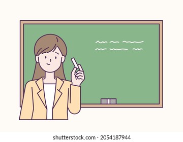 The teacher is giving a lesson in front of the blackboard. flat design style vector illustration.