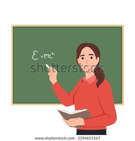 The teacher is giving a lesson in front of the blackboard. Flat vector illustration isolated on white background