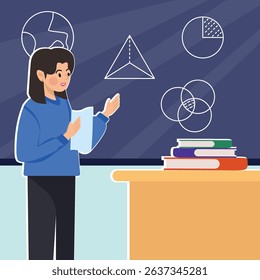 Teacher giving lesson to her students in classroom vector illustration template graphic design .young female teaching front of a chalkboard for symbol education concept with background in flat style