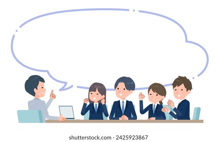 Teacher giving lessons to students, fun atmosphere, with speech bubbles