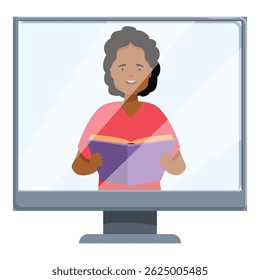 Teacher is giving online class holding a book on computer screen, online education concept