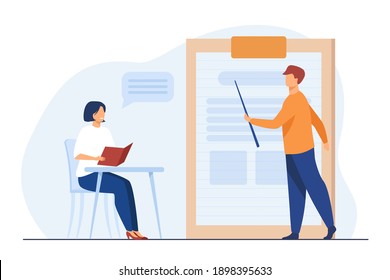 Teacher giving seminar to student in classroom. Mentor and intern, coach and trainee. Flat vector illustration. Education, training, learning concept for banner, website design or landing web page