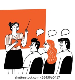 The teacher is giving tutoring to office workers. Hand-drawn vector illustration.